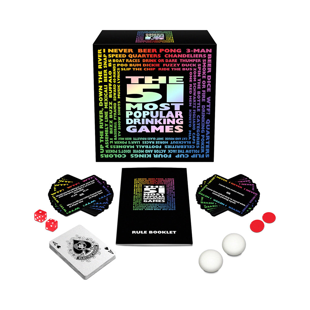 Set of 'The 51 Most Popular Drinking Games' with cards, dice, and balls on a white background
