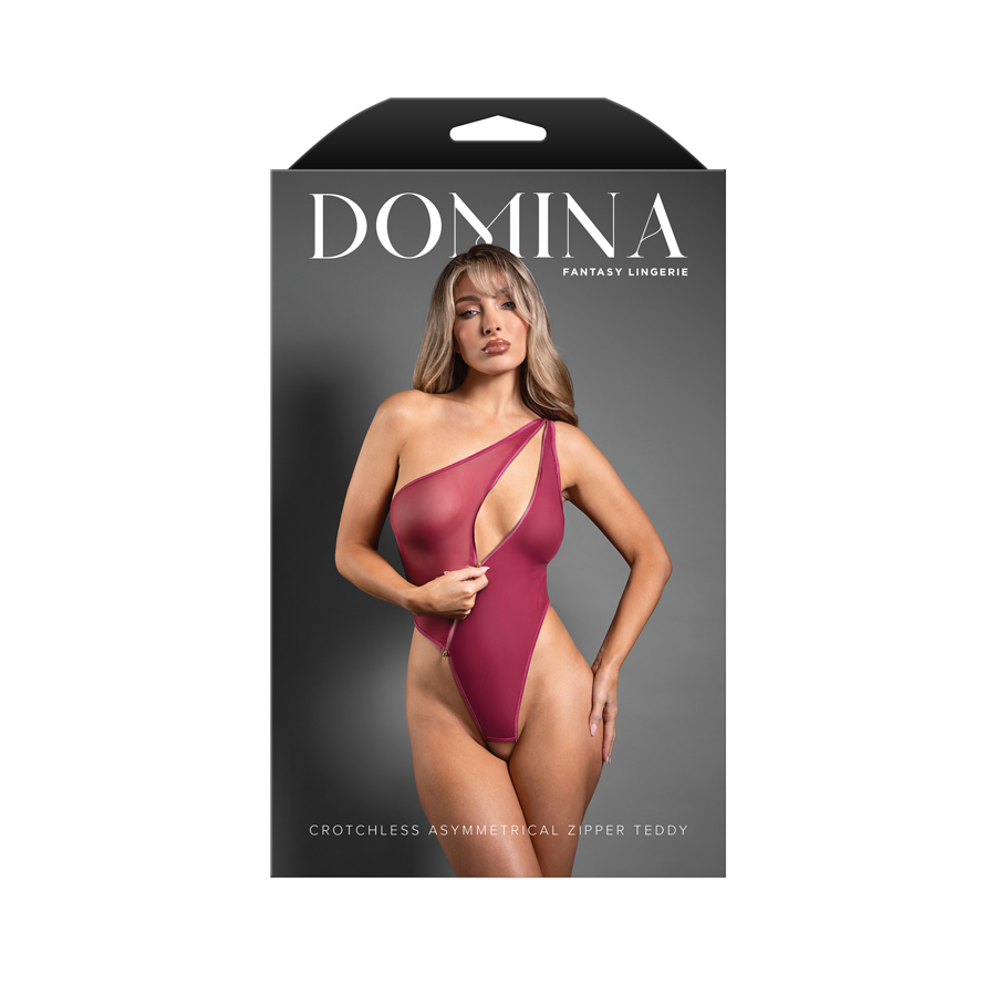Crotchless one-shoulder mesh teddy with asymmetrical front zipper detail (Berry)