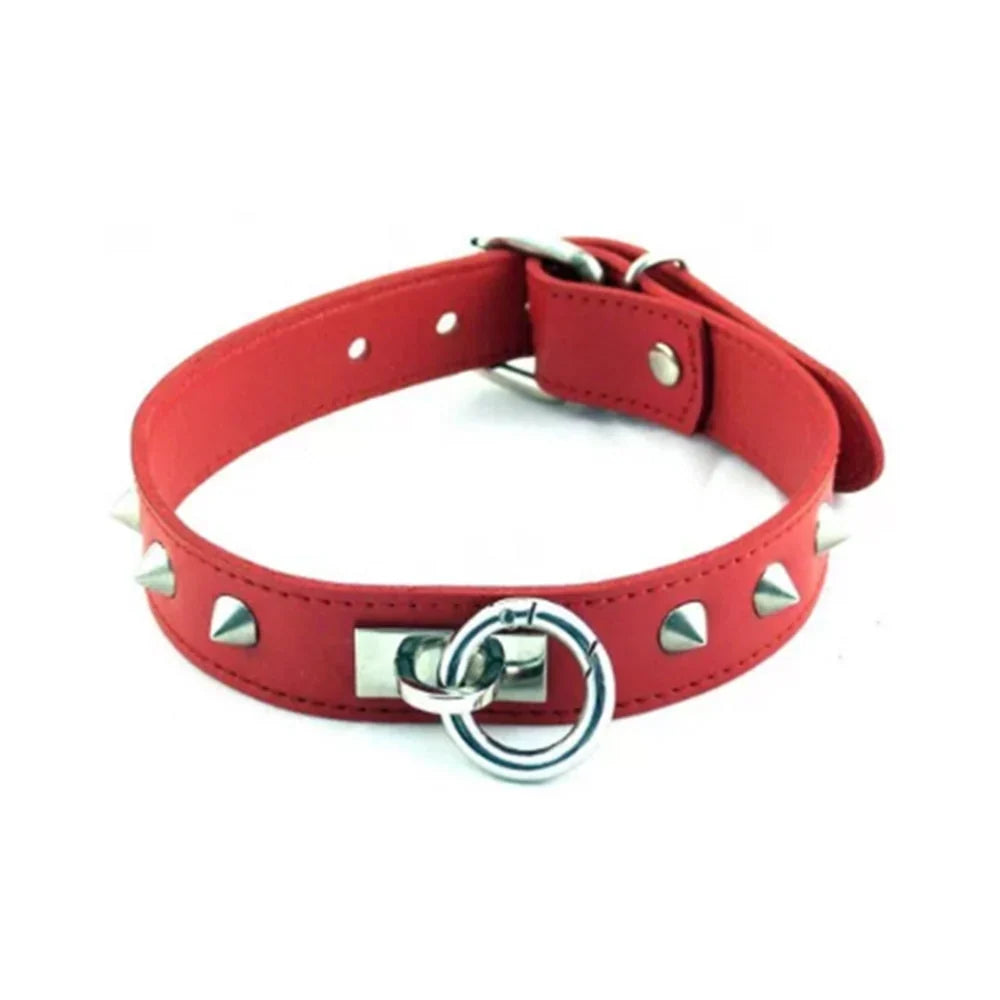 Rouge Leather Thin O-Ring Studded Collar with Detachable O-Ring