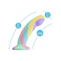 Pastel-colored avant daydram dildo  with measurements on a white background