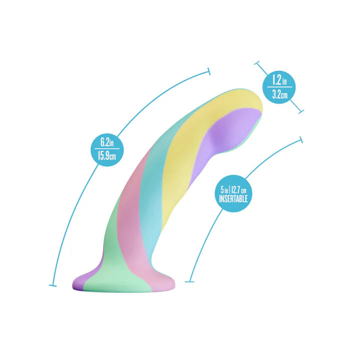 Pastel-colored avant daydram dildo  with measurements on a white background