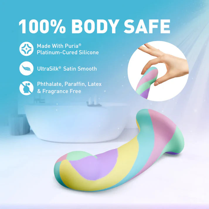 Colorful Pastel-colored avant daydram dildo  with '100% Body Safe' text and features on a blue background.