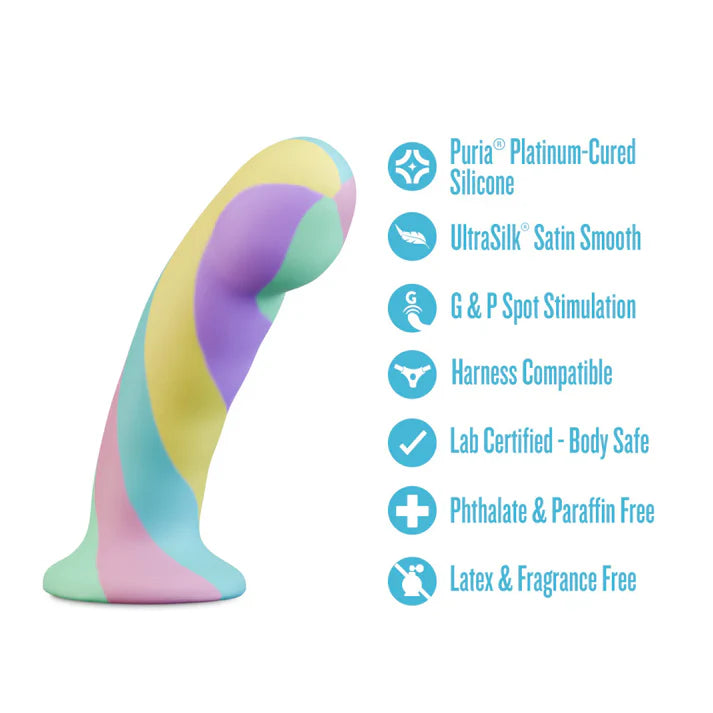 Pastel-colored avant daydram dildo  with features listed on a white background