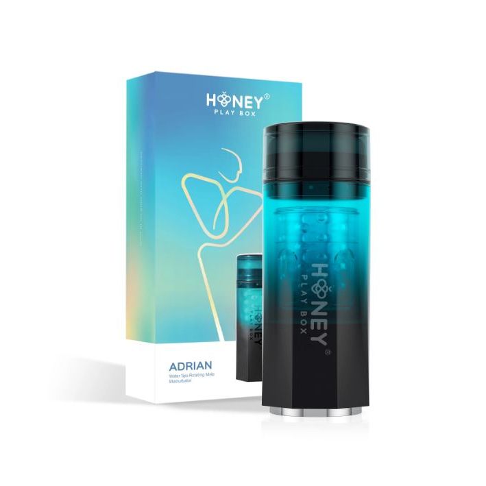 Blue and black masturbator tube beside packaging