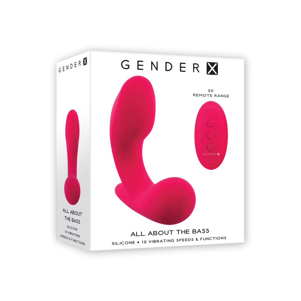 Pink all about the bass vibrator featuring 12 vibrating speeds and functions with flexible shaft and 25ft remote inside packaging.
