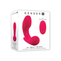 Pink all about the bass vibrator featuring 12 vibrating speeds and functions with flexible shaft and 25ft remote inside packaging.