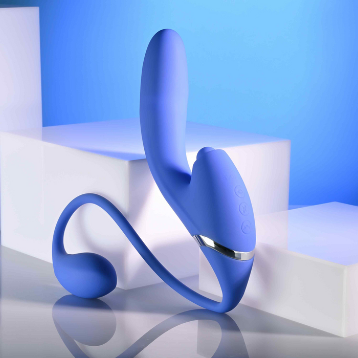 Blue all in one vibrator with vibrating tail plug.