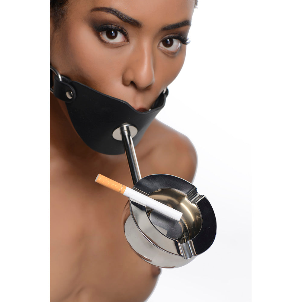 Black BDSM accessory ball gag ashtray example photo.