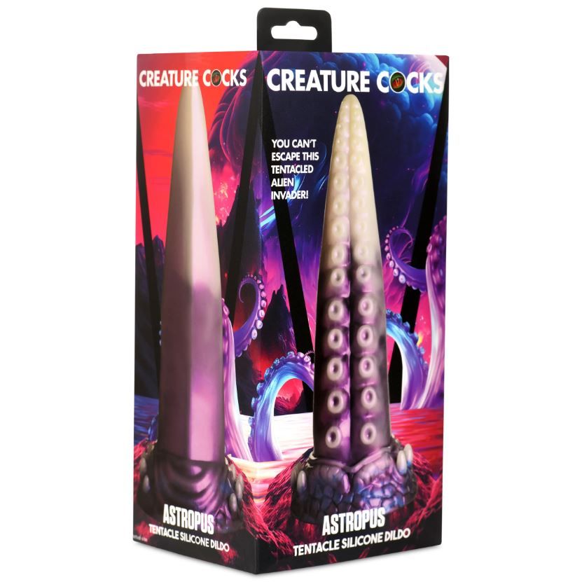 Multi colored tentacle dildo inside packaging.