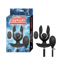 Black inflatable anal plug with packaging labeled 'Atomic' on a white background