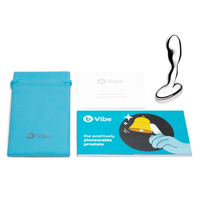 b-Vibe stainless steel product with blue pouch and packaging on a white background