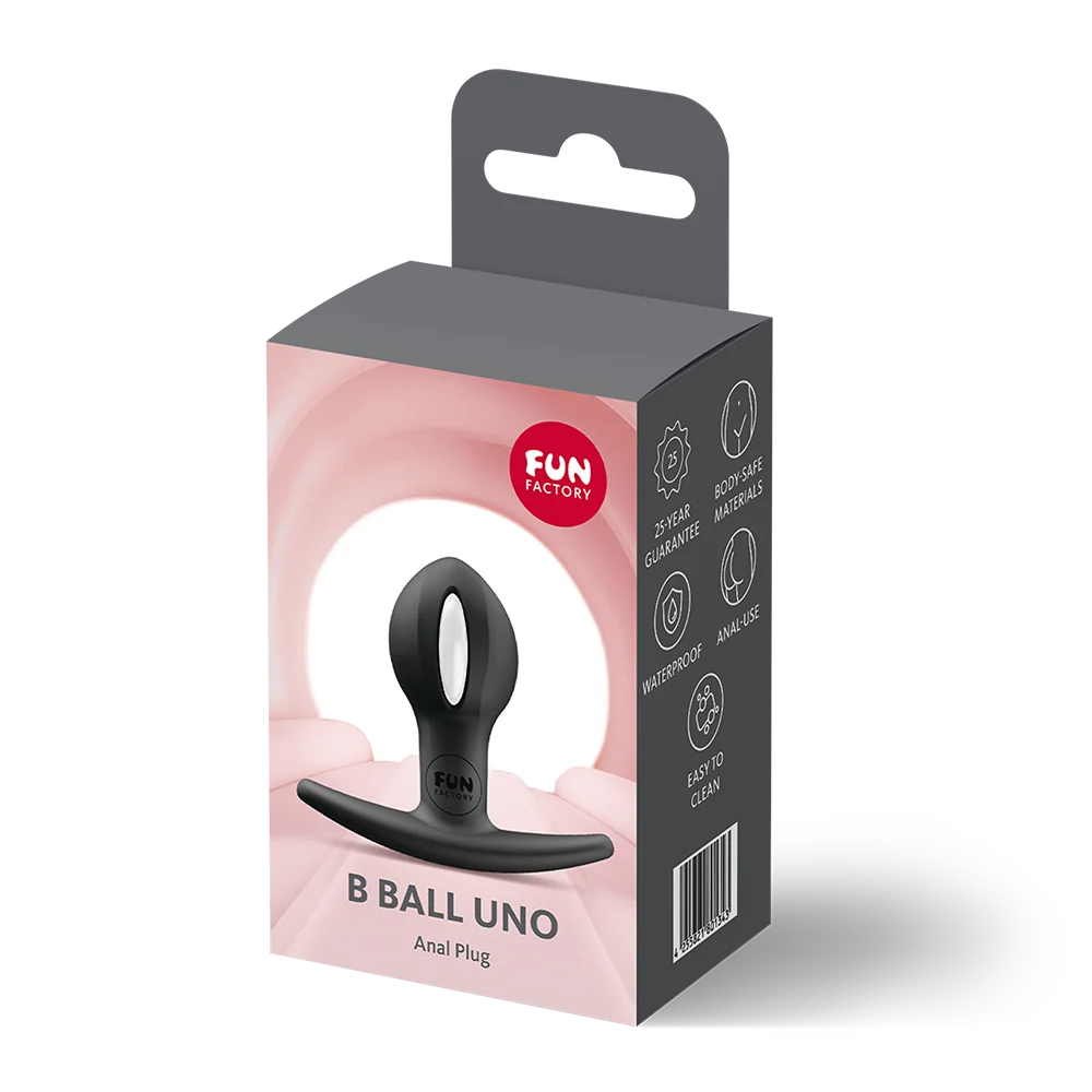 Black B ball uno anal plug inside packaging.