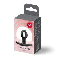 Black B ball uno anal plug inside packaging.