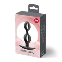 Black B ball duo anal plug inside packaging.