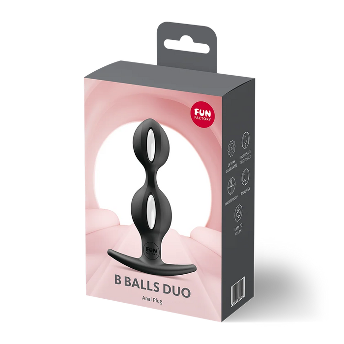 Black B ball duo anal plug inside packaging.