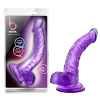 Purple dildo with packaging labeled 'b yours' on a white background
