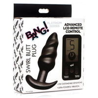 Black 25X swirl anal plug with advanced remote and LCD screen inside packaging.