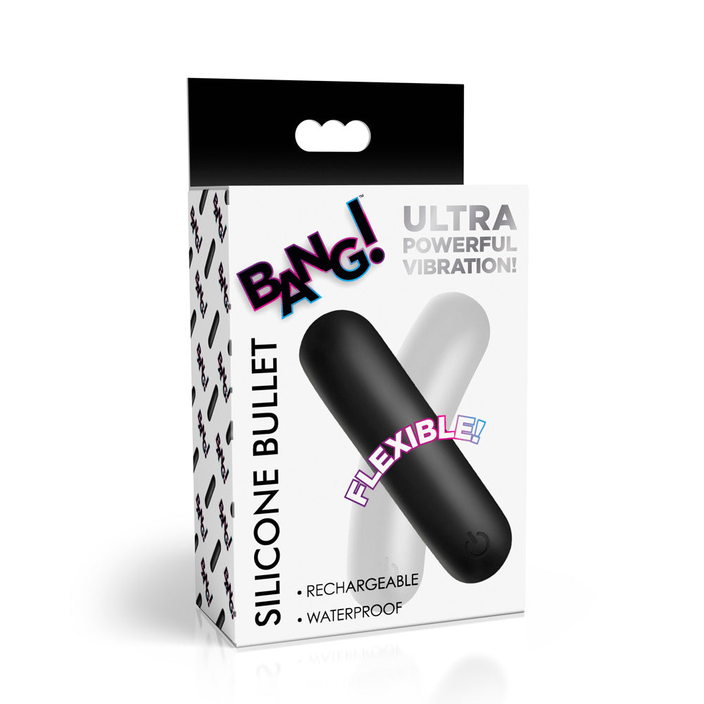 Black flexible bullet vibrator inside packaging.