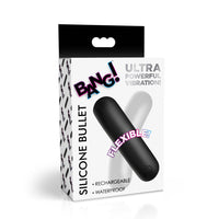 Black flexible bullet vibrator inside packaging.