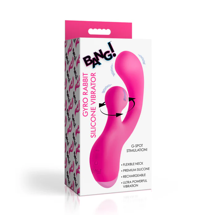 Pink gyro rabbit silicone vibrator inside pacakging.