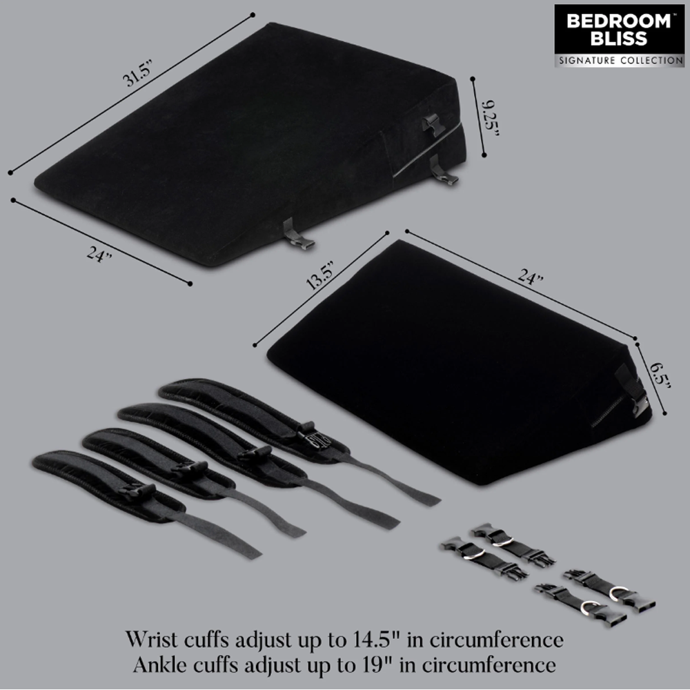Black bondage wedge measurement photo with accessories.