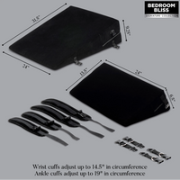 Black bondage wedge measurement photo with accessories.