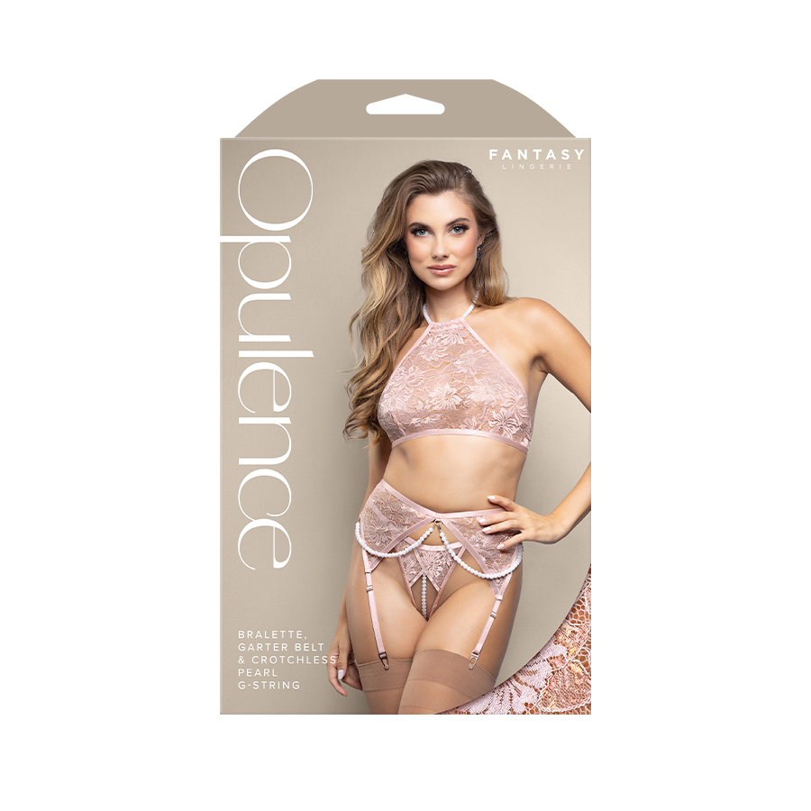Beige 3pc lingerie set includes bralette, garter belt & crotchless pearl G-string inside packaging.