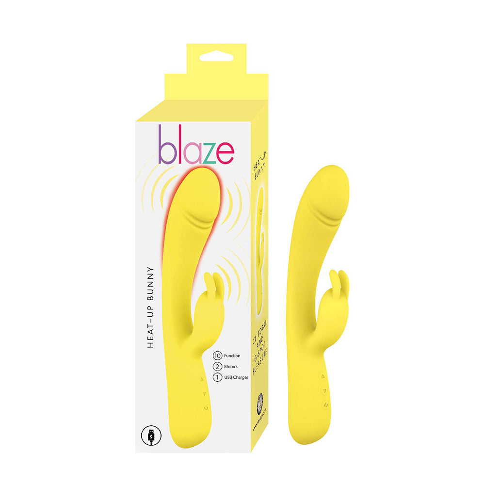 bunny vibrator with bulb head, rabbit clitoral stimulator in yellow, beside box packaging