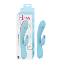 bunny vibrator with bulb head, rabbit clitoral stimulator in blue, beside box packaging