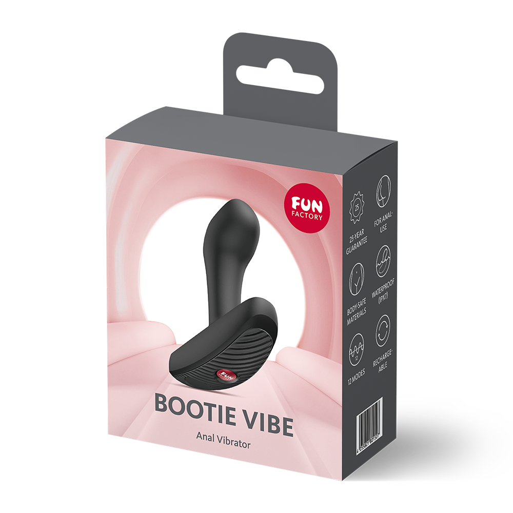 Black bootie vibe anal vibrator inside packaging.