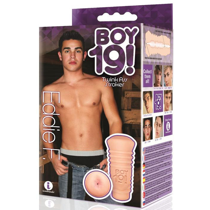 Purple packaging with Eddie F posed on the front. Male masturbator with anus opening depicted beside him