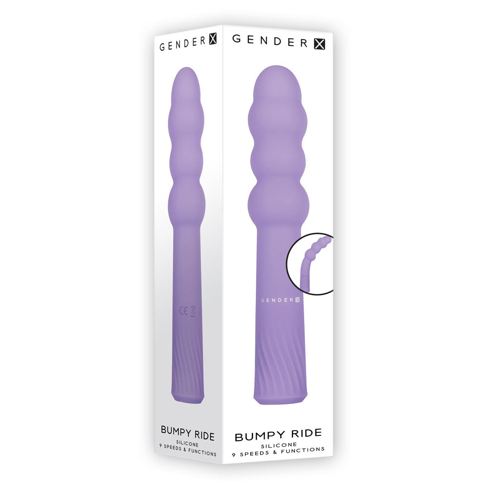 Lilac bumpy ride silicone vibrator inside packaging.