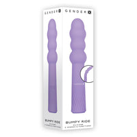 Lilac bumpy ride silicone vibrator inside packaging.