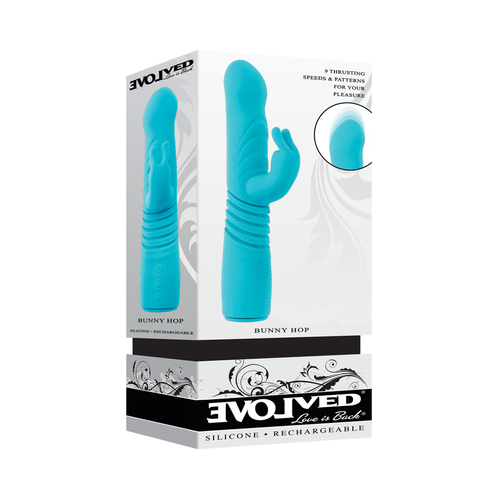 Turquoise bunny hop thruster vibrator inside packaging.