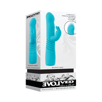 Turquoise bunny hop thruster vibrator inside packaging.