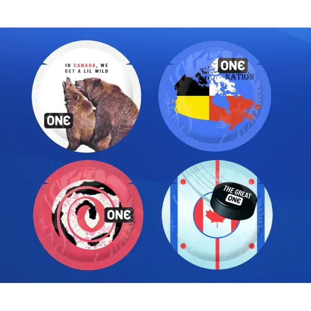 assorted canadian classics condoms by one, featuring bears, hockey puck and canada map