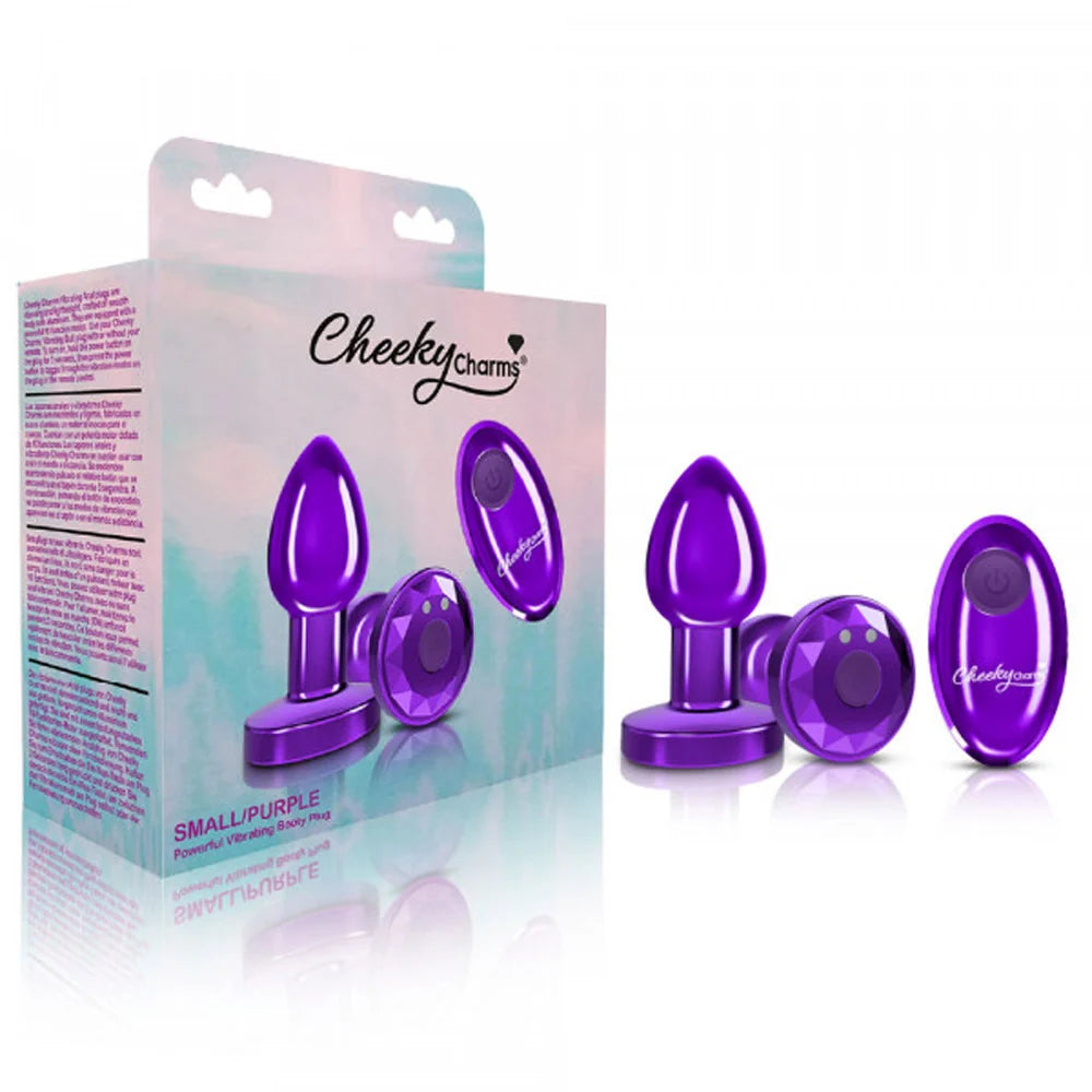 Cheeky small purple vibrating anal plug beside packaging.