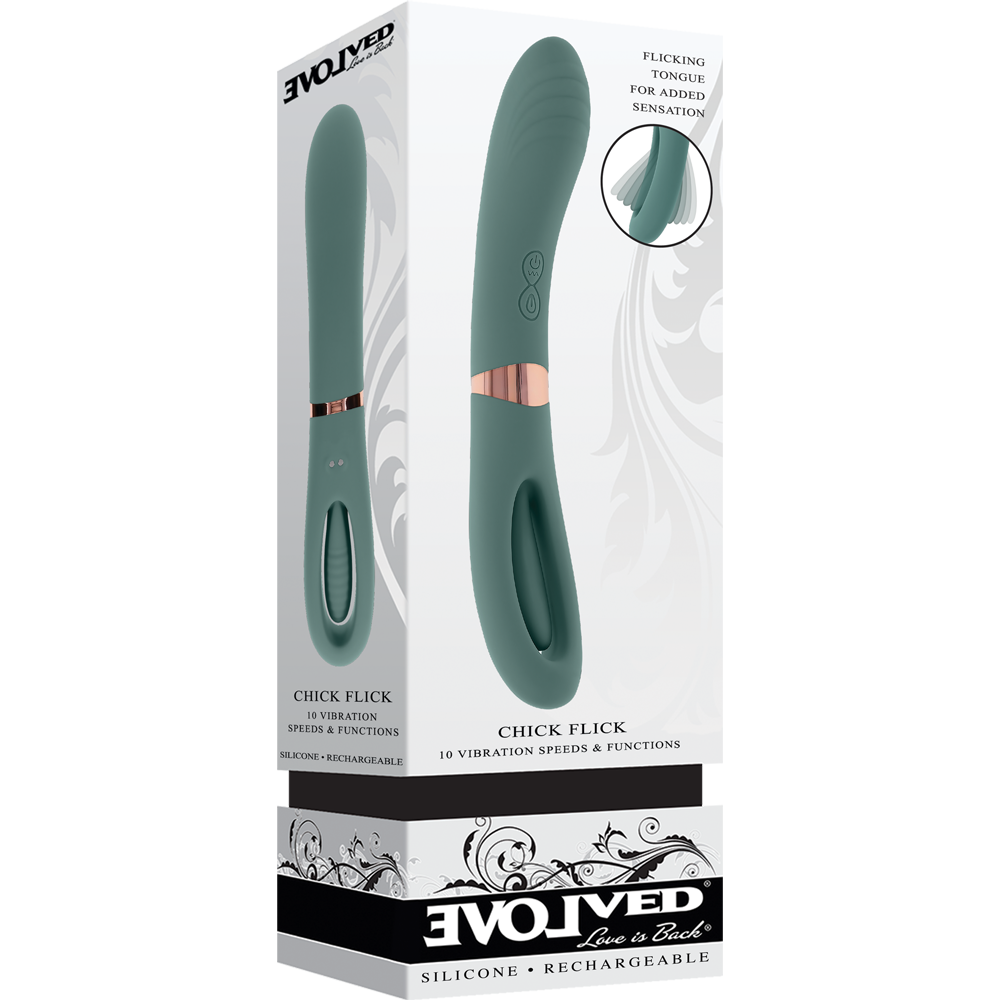 Green chick flick vibrator dual ended inside packaging.