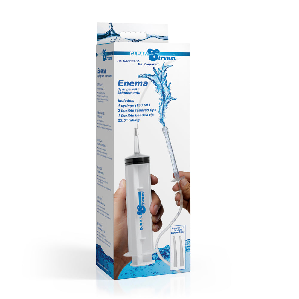 Clean stream enema syringe with attachments inside packaging.