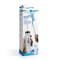 Clean stream enema syringe with attachments inside packaging.