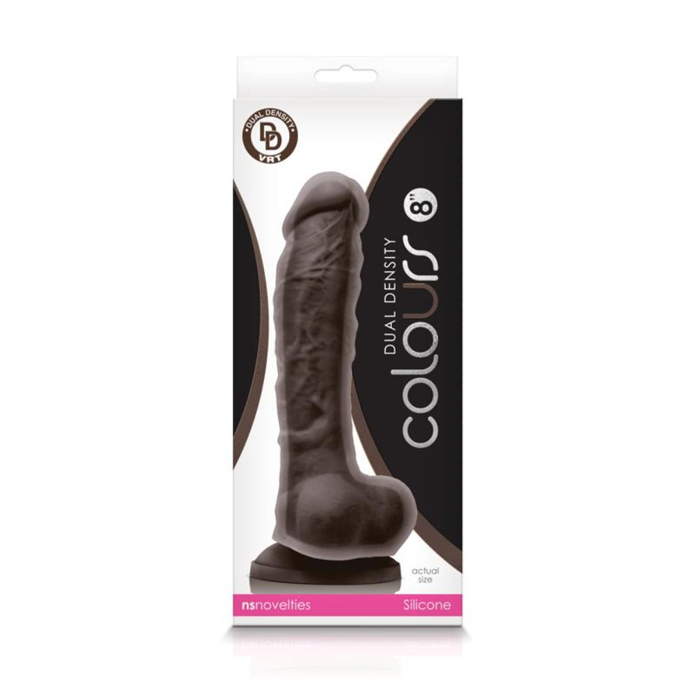Dual density 8'' suction cup silicone brown dildo inside packaging.