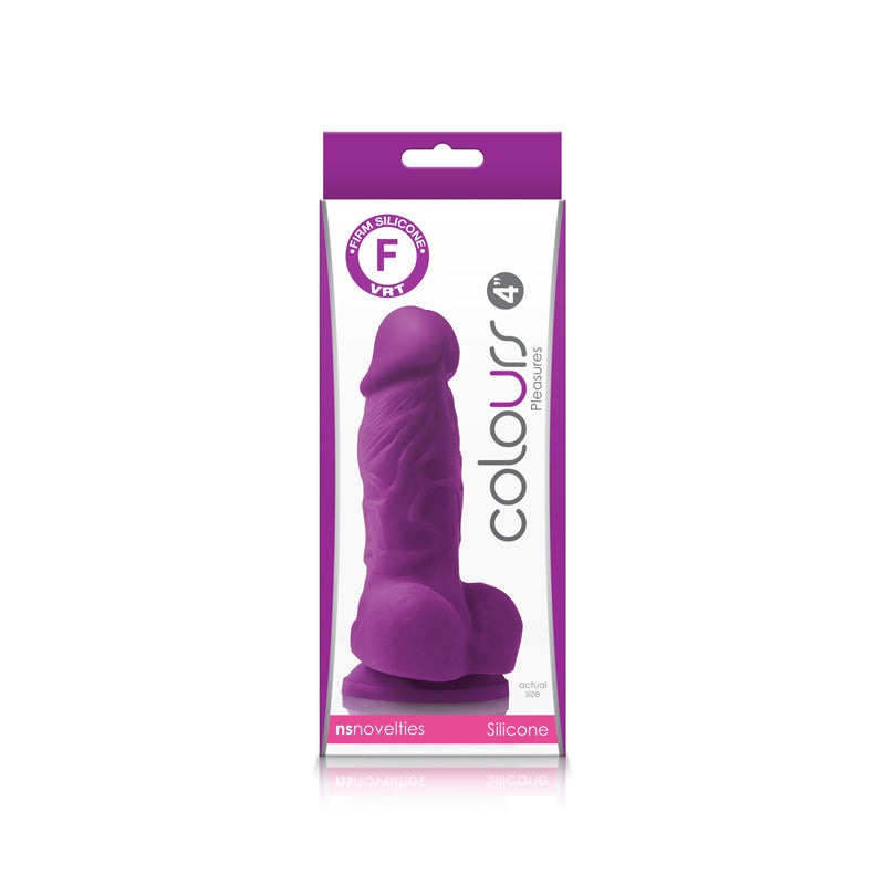 Purple 4''  realistic texturized silicone suction cup dildo inside packaging.