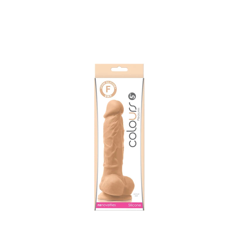 Beige 5'' real texturized suction cup dildo inside packaging.