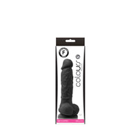 Black 5'' silicone real texturized suction sup dildo inside packaging.