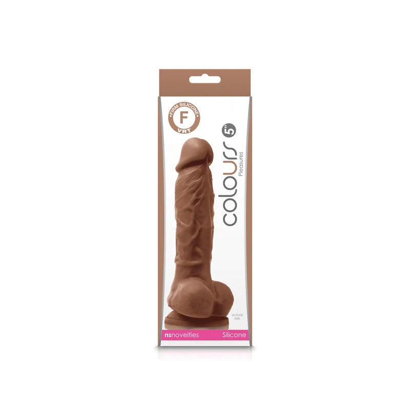 Brown 5'' real texturized silicone suction cup dildo inside packaging.