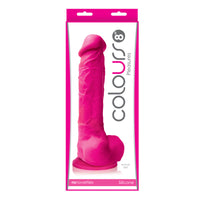 Pink 8'' silicone suction cup dildo inside packaging.