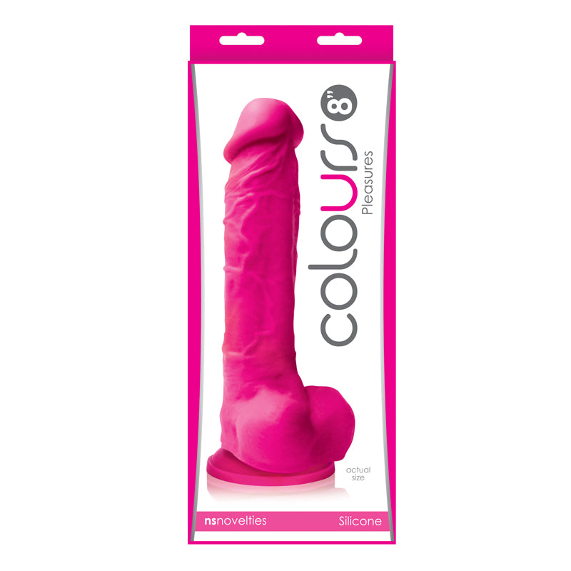 Pink 8'' silicone suction cup dildo inside packaging.
