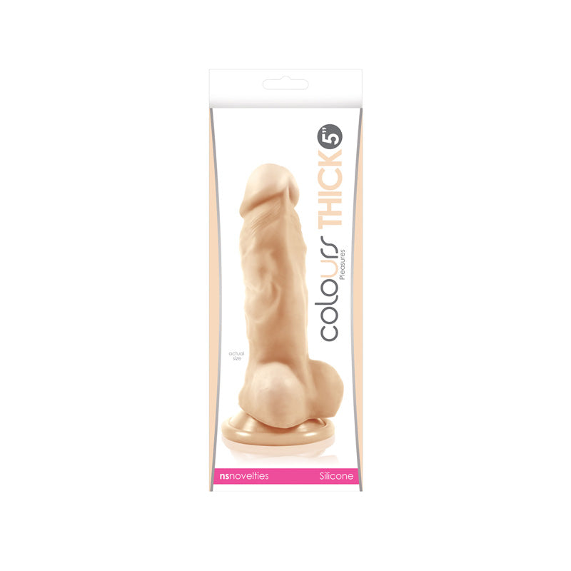 Beige 5'' silicone suction cup dildo inside packaging.