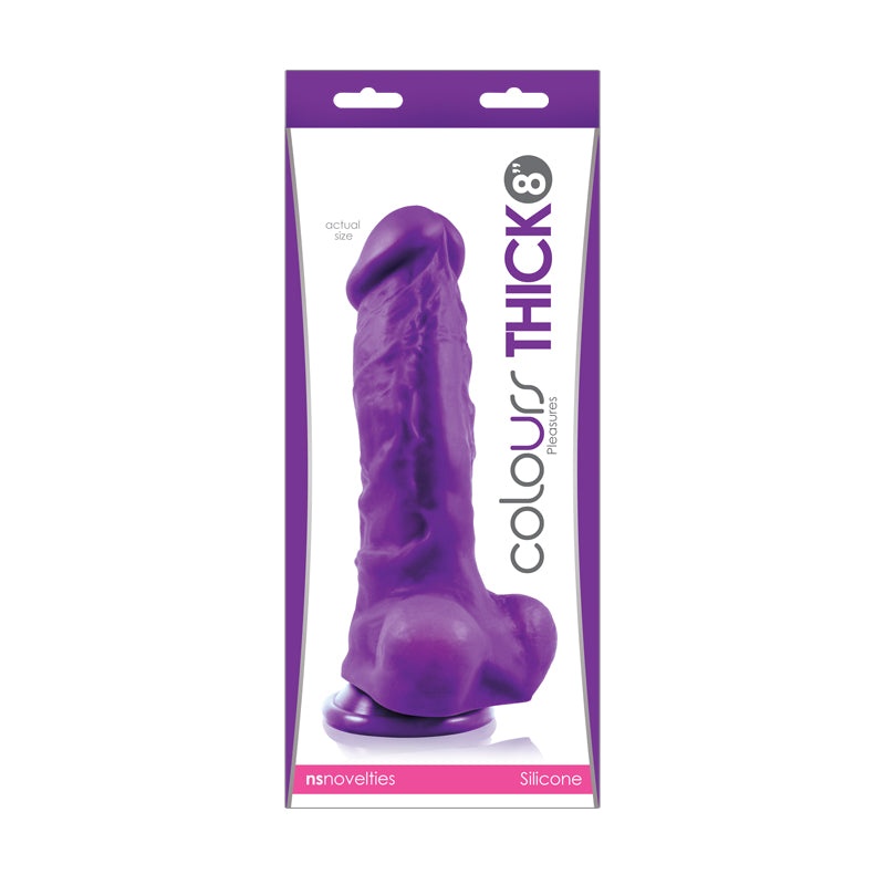 Purple 8'' thick silicone suction cup dildo inside packaging.