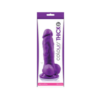 Purple 5'' silicone suction cup dildo inside packaging.